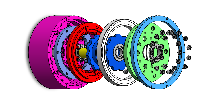 Exploded CAD view of the two-stage cycloidal gearbox