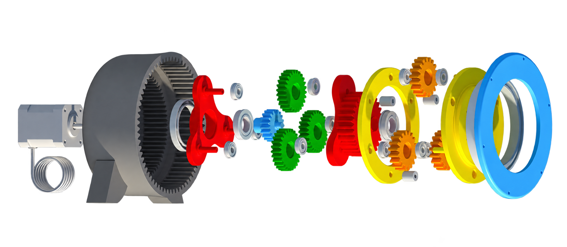 Exploded CAD view of the current two-stage planetary gearbox, showing the motor, housing, gears, bearings, and output plates