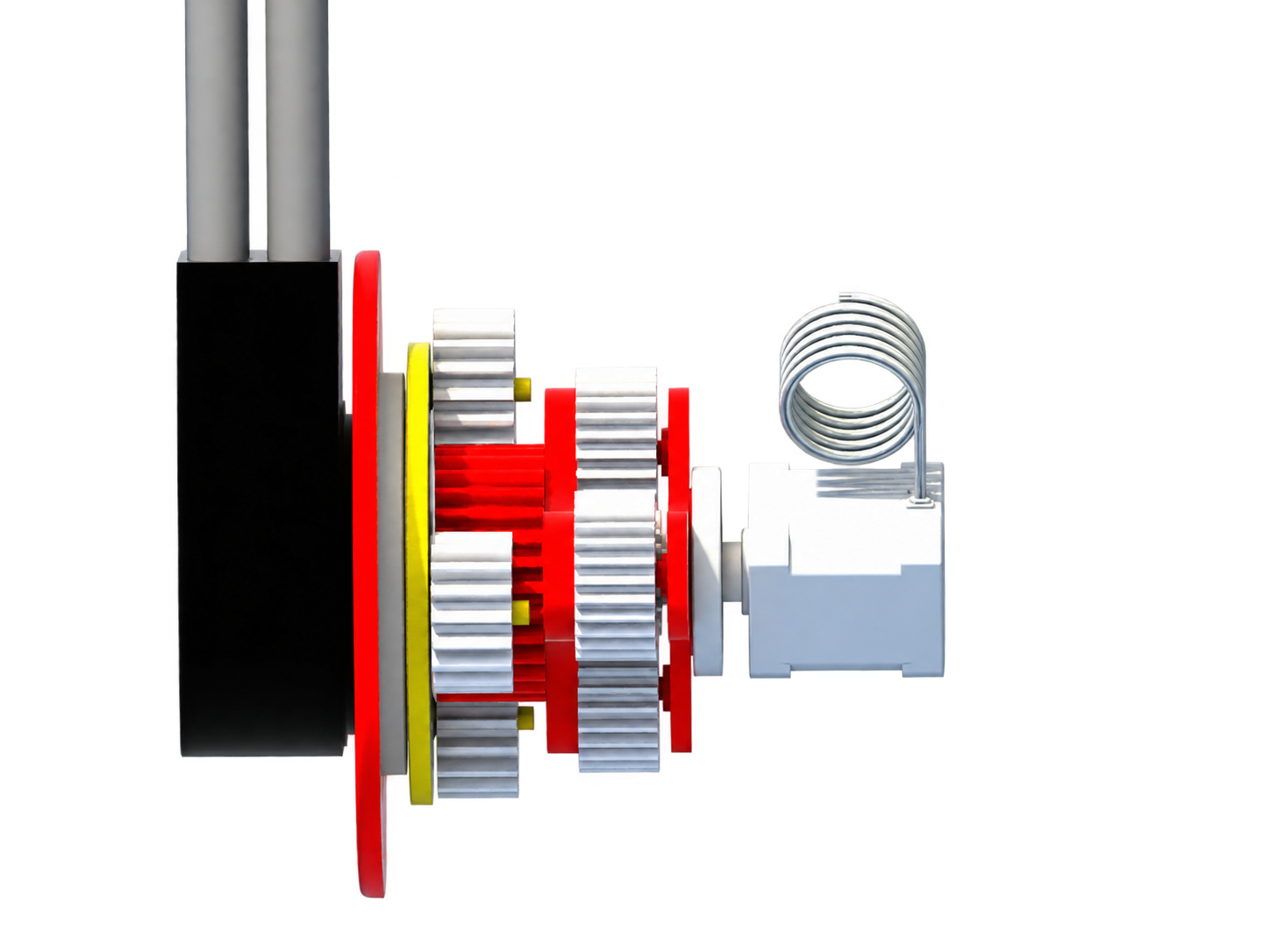 Side CAD profile showing the stacked planetary stages, motor interface, bearings, and arm connection